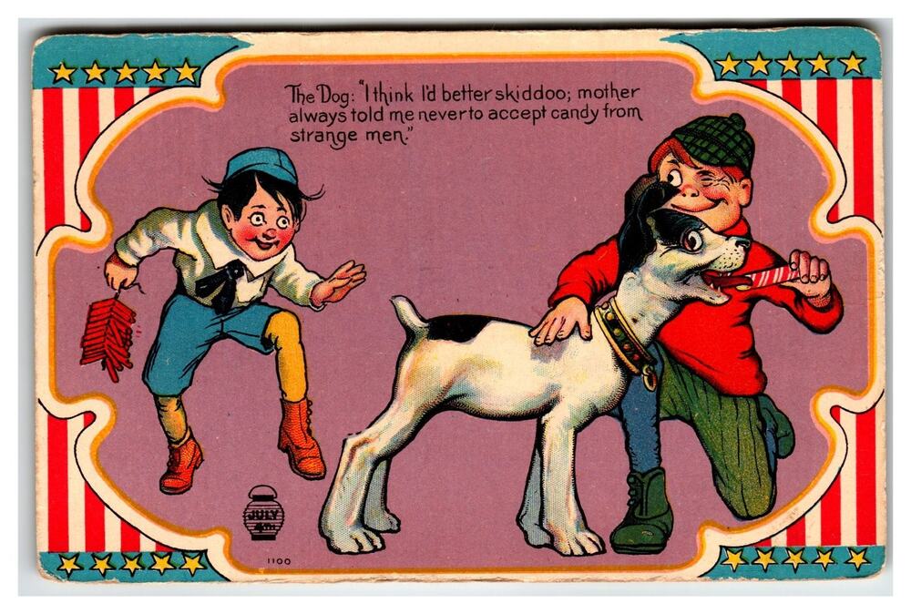 Humorous 4th of July Children Dog Firecracker Antique Postcard c.1910s